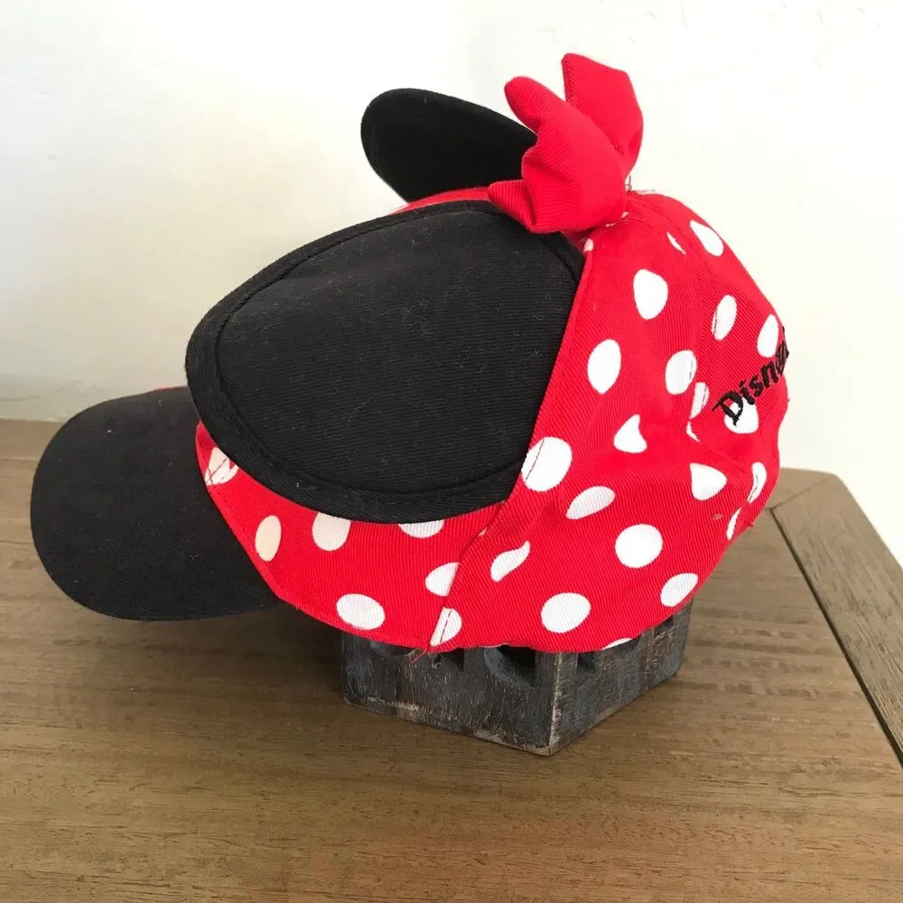 Disney Parks Girls Minnie Mouse Red & Black Polka Dot Baseball Hat Cap Ears Bow
